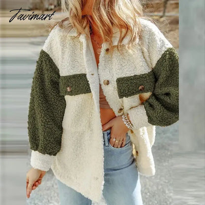 Tavimart Casual Autumn Winter Women Plush Jackets Coat Elegant Long Sleeve Button Fashion Outwear Turn Down Collar Loose Coats