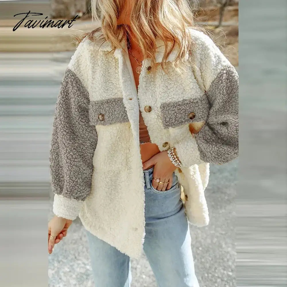 Tavimart Casual Autumn Winter Women Plush Jackets Coat Elegant Long Sleeve Button Fashion Outwear Turn Down Collar Loose Coats