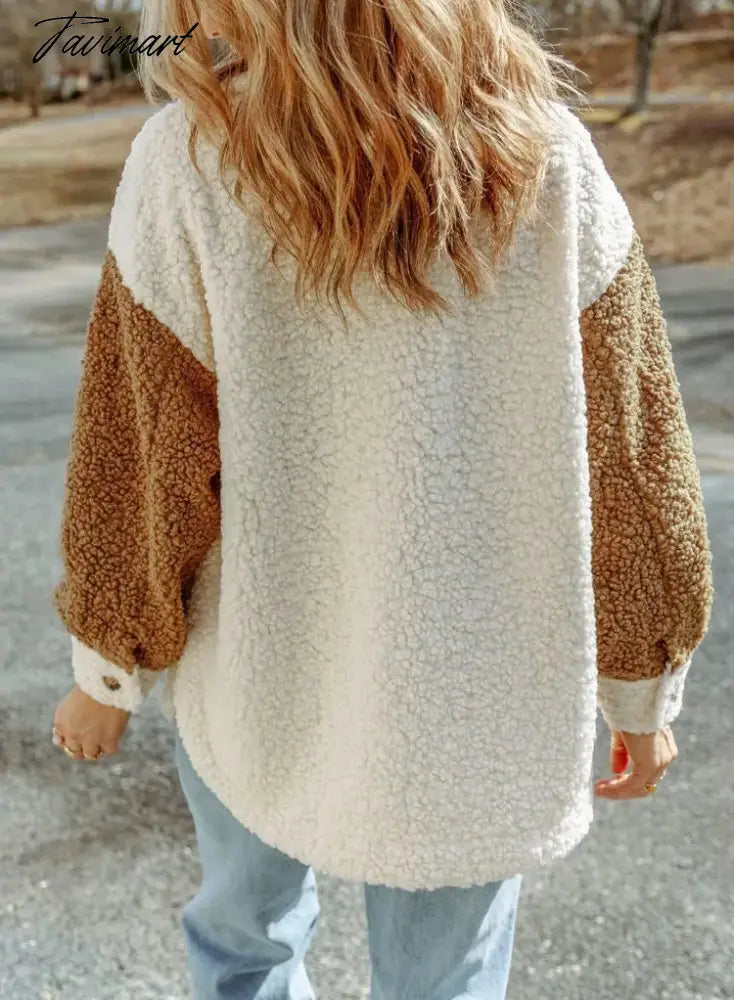 Tavimart Casual Autumn Winter Women Plush Jackets Coat Elegant Long Sleeve Button Fashion Outwear Turn Down Collar Loose Coats