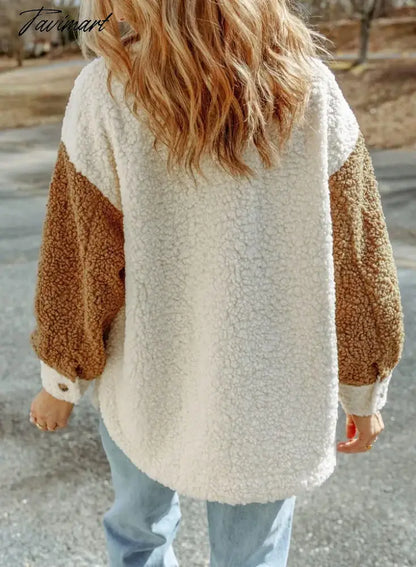 Tavimart Casual Autumn Winter Women Plush Jackets Coat Elegant Long Sleeve Button Fashion Outwear Turn Down Collar Loose Coats