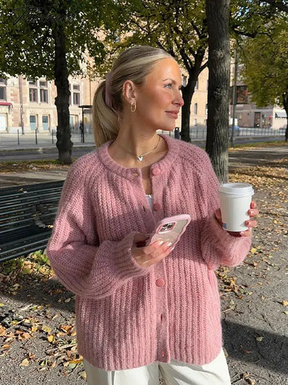 Tavimart Casual Loose Knit Cardigan For Women Autumn Winter Long Sleeve Single-breasted O-neck Sweater Female All-Match Fashion Coat