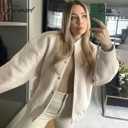 Tavimart Casual Oversized Bomber Jacket For Women Streetwear Long Sleeve With Pockets Winter Coat Snap Button Female Outerwear Tops