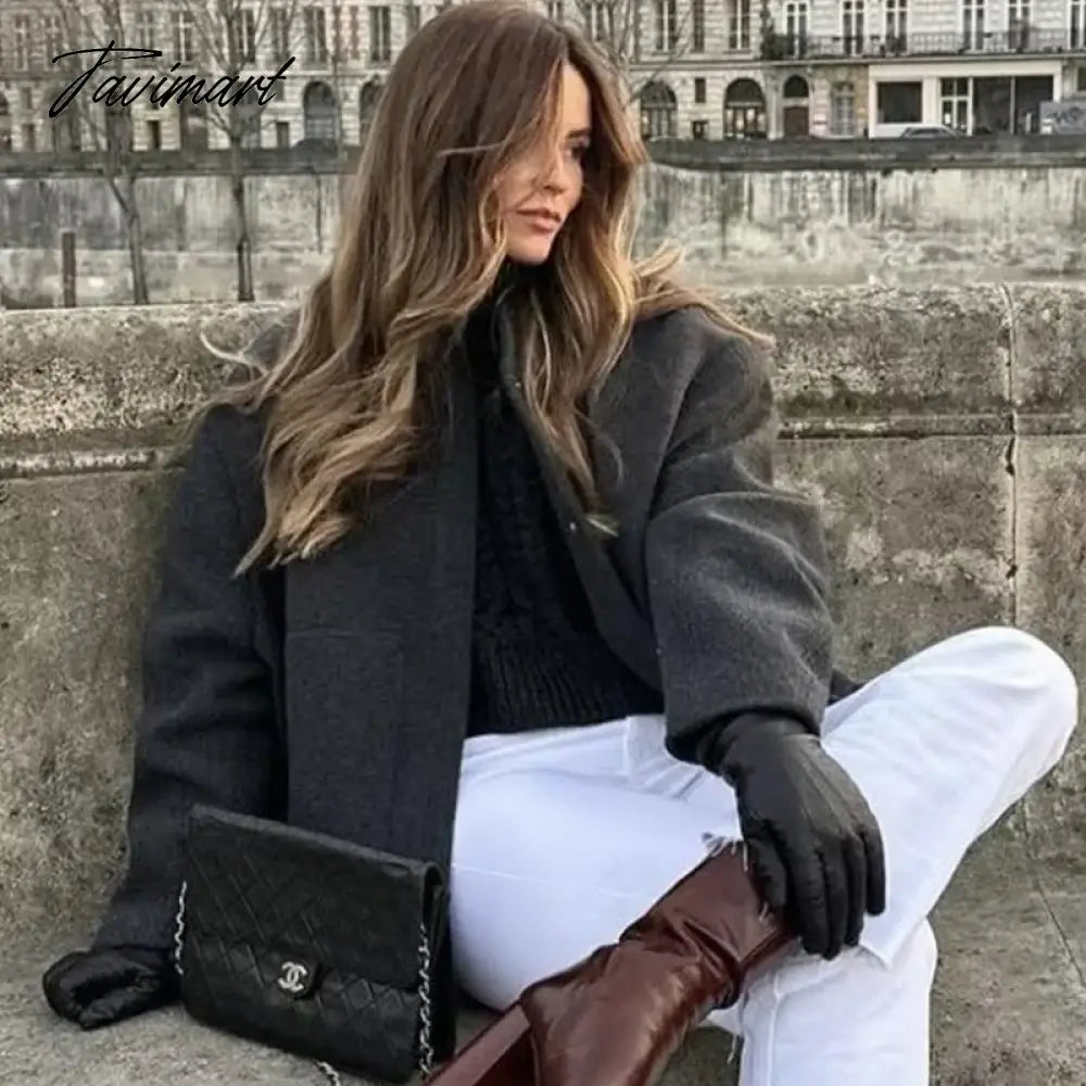 Tavimart Casual Oversized Bomber Jacket For Women Streetwear Long Sleeve With Pockets Winter Coat Snap Button Female Outerwear Tops