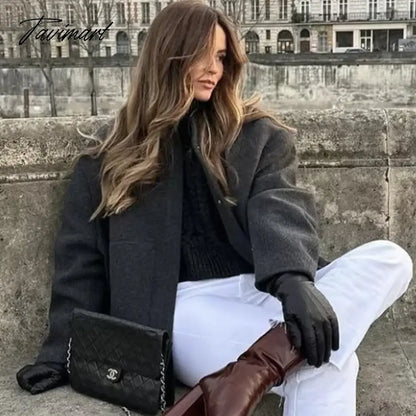 Tavimart Casual Oversized Bomber Jacket For Women Streetwear Long Sleeve With Pockets Winter Coat Snap Button Female Outerwear Tops