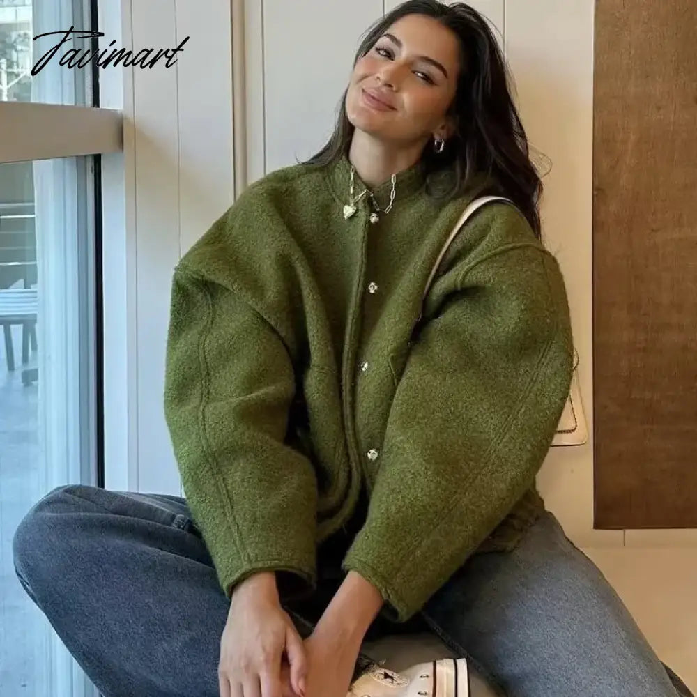 Tavimart Casual Oversized Bomber Jacket For Women Streetwear Long Sleeve With Pockets Winter Coat Snap Button Female Outerwear Tops