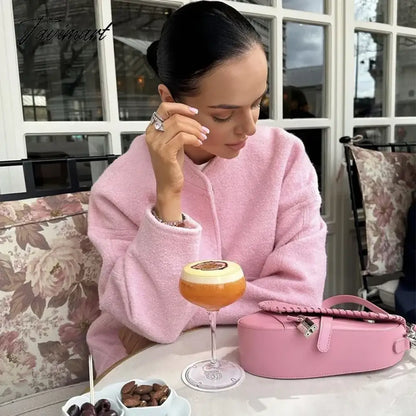 Tavimart Casual Oversized Bomber Jacket For Women Streetwear Long Sleeve With Pockets Winter Coat Snap Button Female Outerwear Tops