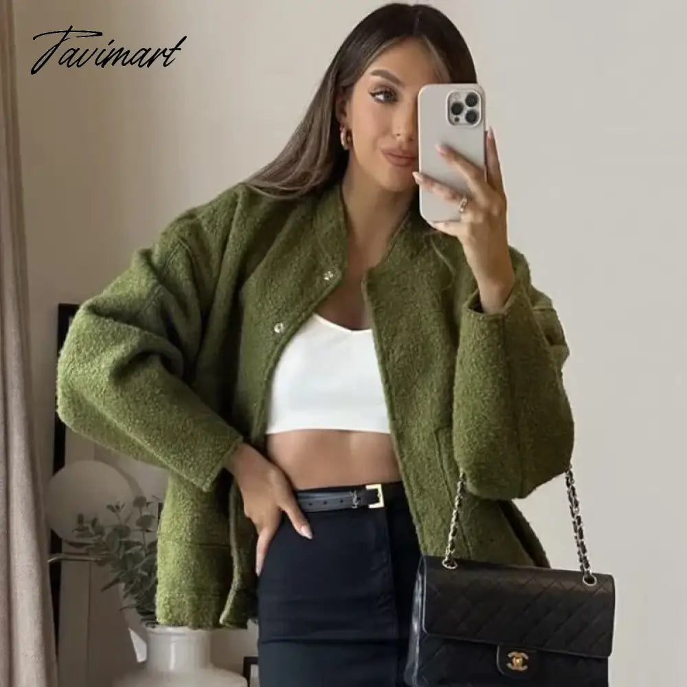 Tavimart Casual Oversized Bomber Jacket For Women Streetwear Long Sleeve With Pockets Winter Coat Snap Button Female Outerwear Tops