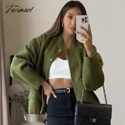 Tavimart Casual Oversized Bomber Jacket For Women Streetwear Long Sleeve With Pockets Winter Coat Snap Button Female Outerwear Tops