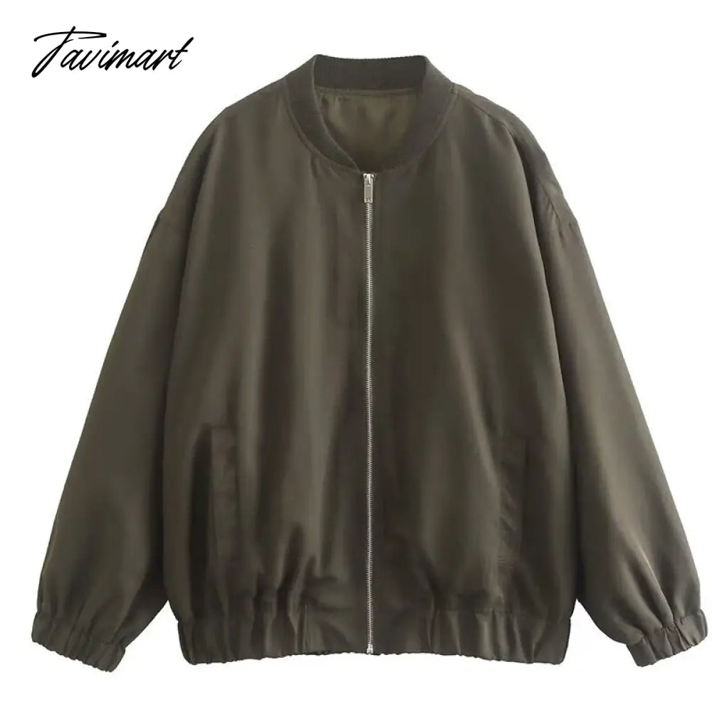 Tavimart Casual Rib Collar Oversize Black Jacket Women Long Sleeve Tops Streetwear With Zipper Pockets Elastic Hem Winter New In Outwears