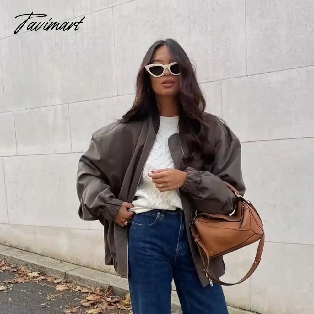 Tavimart Casual Rib Collar Oversize Black Jacket Women Long Sleeve Tops Streetwear With Zipper Pockets Elastic Hem Winter New In Outwears