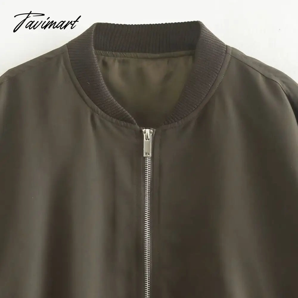 Tavimart Casual Rib Collar Oversize Black Jacket Women Long Sleeve Tops Streetwear With Zipper Pockets Elastic Hem Winter New In Outwears