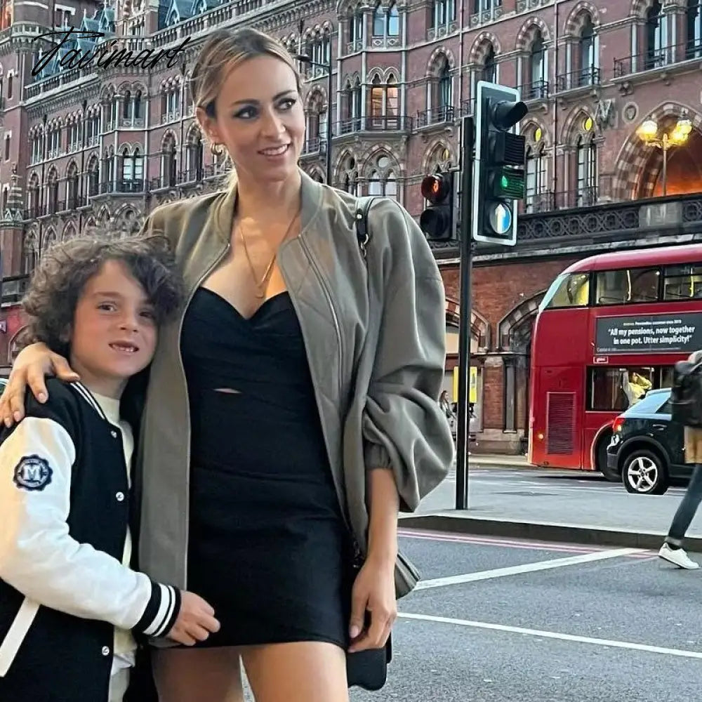 Tavimart Casual Rib Collar Oversize Black Jacket Women Long Sleeve Tops Streetwear With Zipper Pockets Elastic Hem Winter New In Outwears