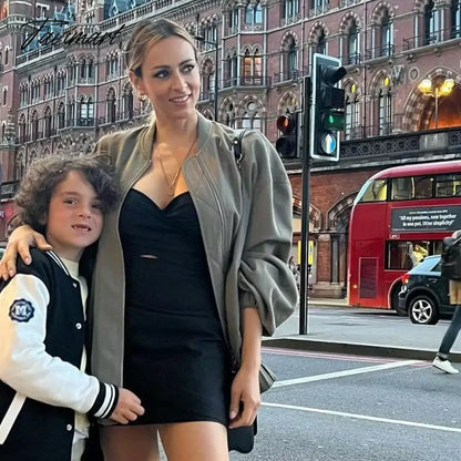 Tavimart Casual Rib Collar Oversize Black Jacket Women Long Sleeve Tops Streetwear With Zipper Pockets Elastic Hem Winter New In Outwears