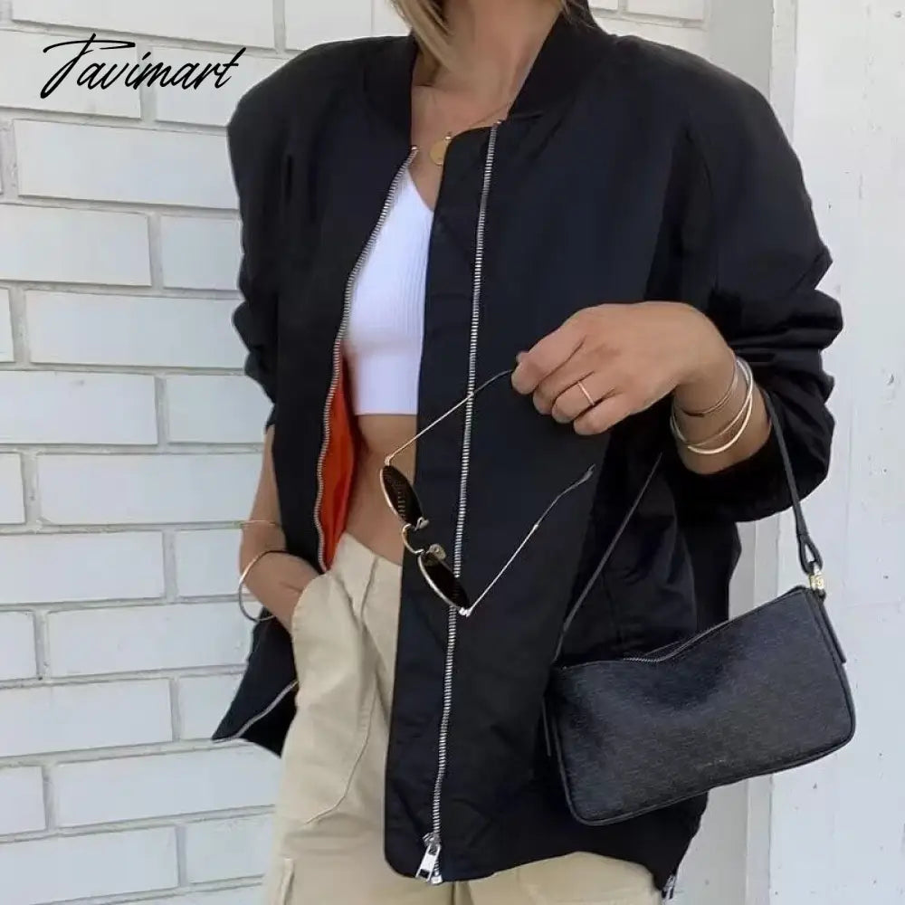 Tavimart Casual Rib Collar Oversize Black Jacket Women Long Sleeve Tops Streetwear With Zipper Pockets Elastic Hem Winter New In Outwears