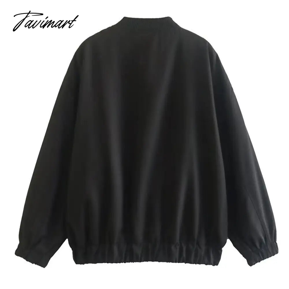 Tavimart Casual Rib Collar Oversize Black Jacket Women Long Sleeve Tops Streetwear With Zipper Pockets Elastic Hem Winter New In Outwears
