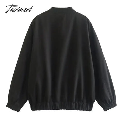 Tavimart Casual Rib Collar Oversize Black Jacket Women Long Sleeve Tops Streetwear With Zipper Pockets Elastic Hem Winter New In Outwears