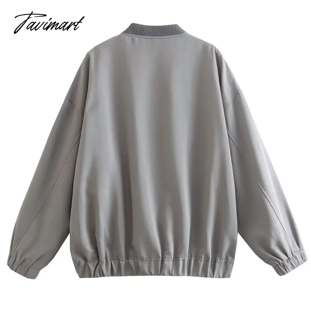 Tavimart Casual Rib Collar Oversize Black Jacket Women Long Sleeve Tops Streetwear With Zipper Pockets Elastic Hem Winter New In Outwears