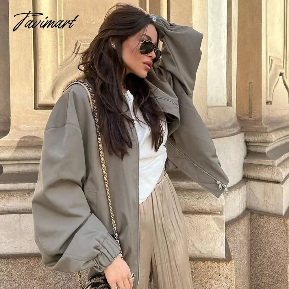 Tavimart Casual Rib Collar Oversize Black Jacket Women Long Sleeve Tops Streetwear With Zipper Pockets Elastic Hem Winter New In Outwears