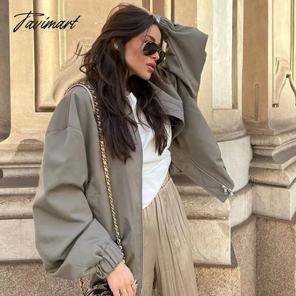 Tavimart Casual Rib Collar Oversize Black Jacket Women Long Sleeve Tops Streetwear With Zipper Pockets Elastic Hem Winter New In Outwears