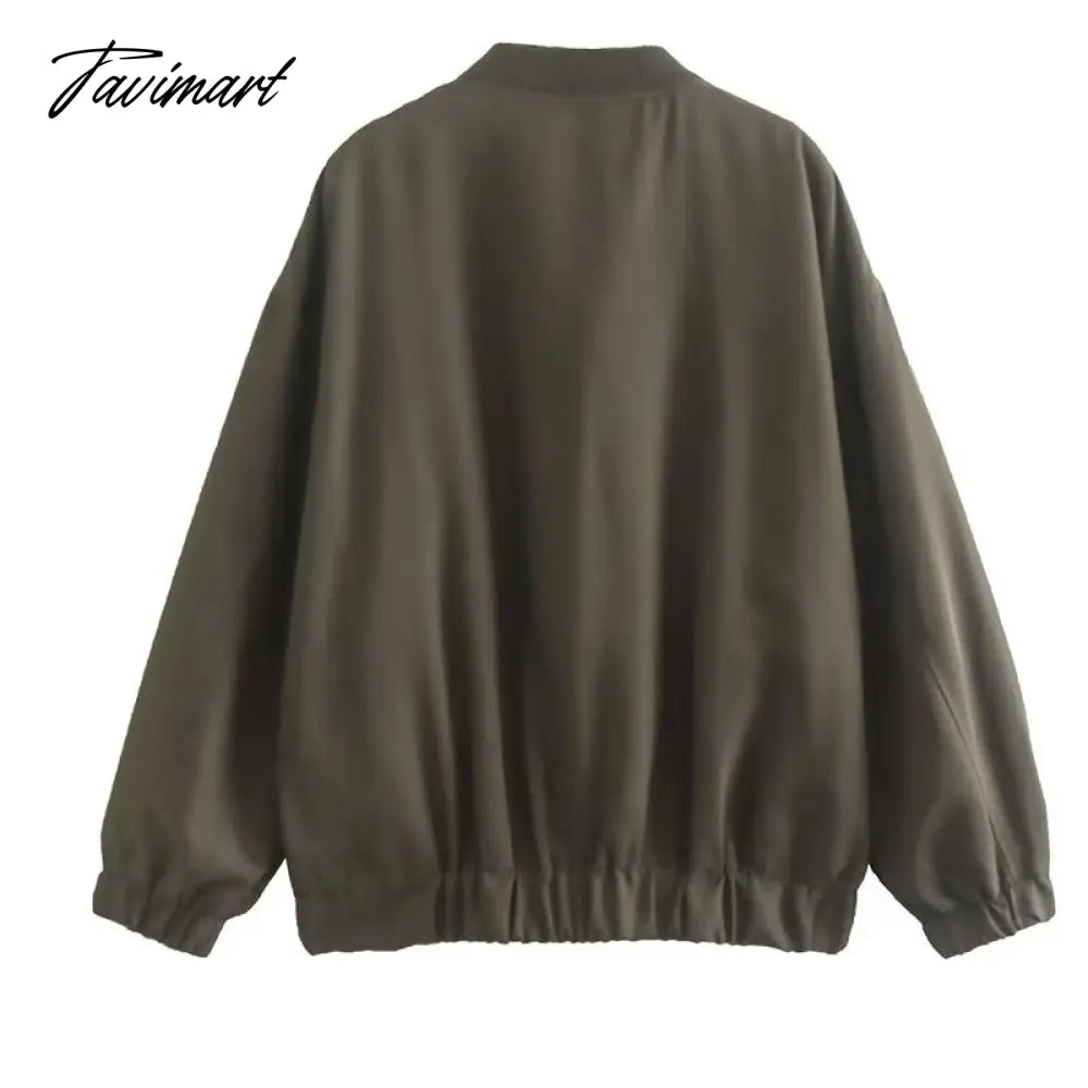 Tavimart Casual Rib Collar Oversize Black Jacket Women Long Sleeve Tops Streetwear With Zipper Pockets Elastic Hem Winter New In Outwears