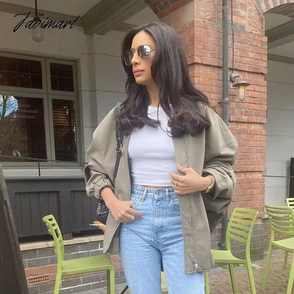 Tavimart Casual Rib Collar Oversize Black Jacket Women Long Sleeve Tops Streetwear With Zipper Pockets Elastic Hem Winter New In Outwears