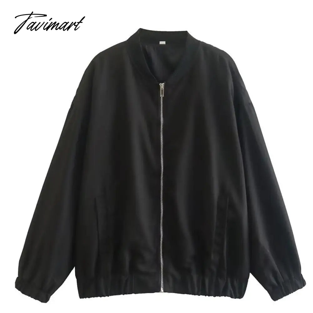 Tavimart Casual Rib Collar Oversize Black Jacket Women Long Sleeve Tops Streetwear With Zipper Pockets Elastic Hem Winter New In Outwears