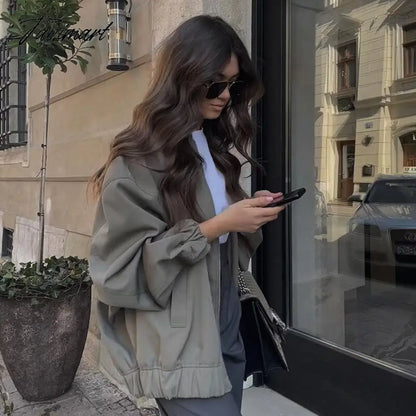 Tavimart Casual Rib Collar Oversize Black Jacket Women Long Sleeve Tops Streetwear With Zipper Pockets Elastic Hem Winter New In Outwears