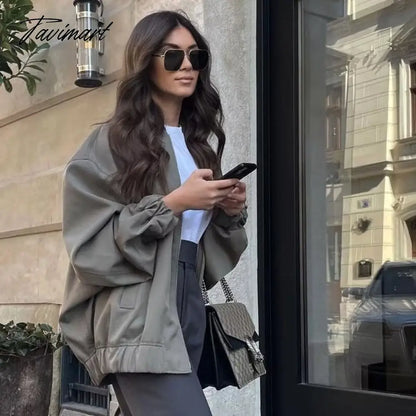 Tavimart Casual Rib Collar Oversize Black Jacket Women Long Sleeve Tops Streetwear With Zipper Pockets Elastic Hem Winter New In Outwears