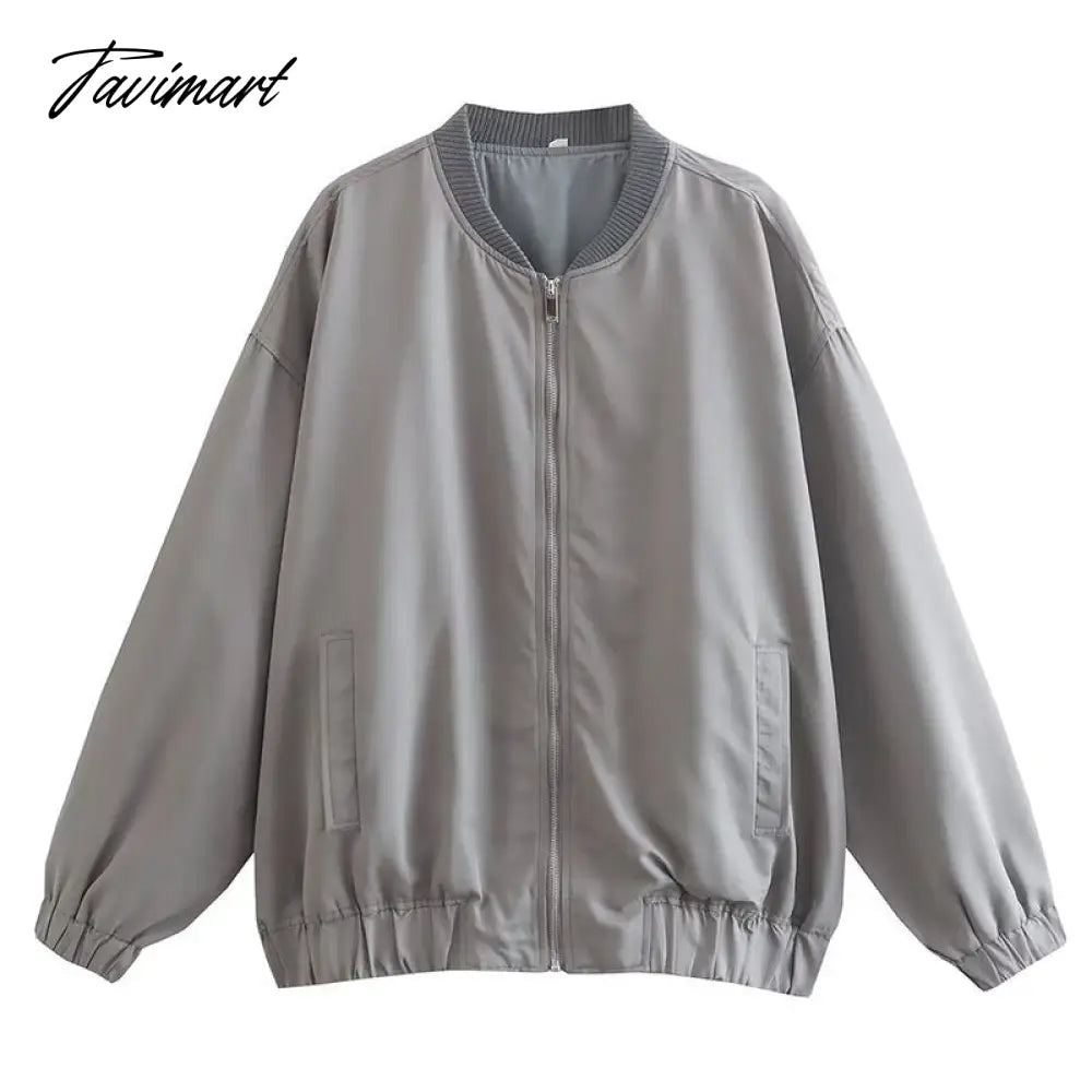 Tavimart Casual Rib Collar Oversize Black Jacket Women Long Sleeve Tops Streetwear With Zipper Pockets Elastic Hem Winter New In Outwears