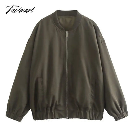 Tavimart Casual Rib Collar Oversize Black Jacket Women Long Sleeve Tops Streetwear With Zipper