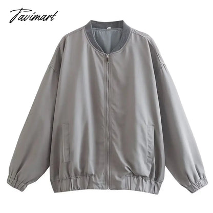 Tavimart Casual Rib Collar Oversize Black Jacket Women Long Sleeve Tops Streetwear With Zipper