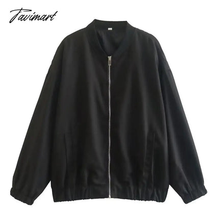 Tavimart Casual Rib Collar Oversize Black Jacket Women Long Sleeve Tops Streetwear With Zipper