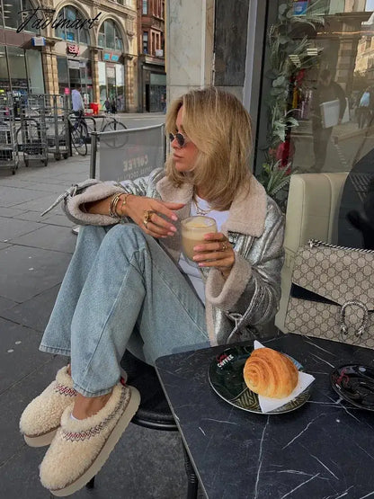 Tavimart Classic Silver Faux Fur Lapel Collar Women's Jackets Fake Sheepskin Leather Warm Thick Coat Winter Jacket Faux Shearling Jacket