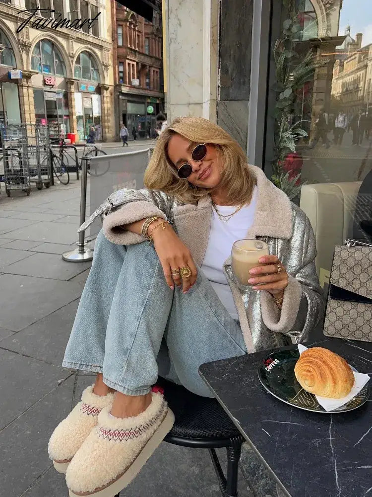 Tavimart Classic Silver Faux Fur Lapel Collar Women's Jackets Fake Sheepskin Leather Warm Thick Coat Winter Jacket Faux Shearling Jacket