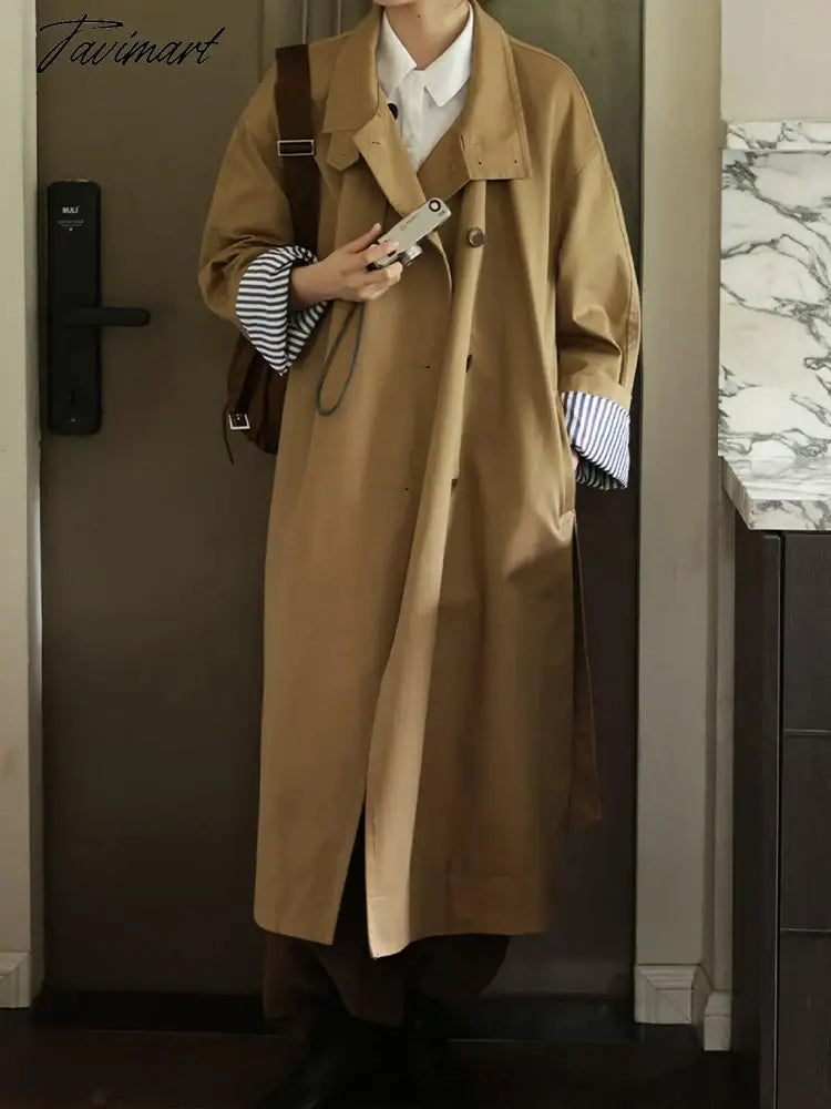 Tavimart Elegant Trench for Women Long Sleeve Fashion Vintage Jackets Button Casual Streetwear Loose New Autumn Winter Coats