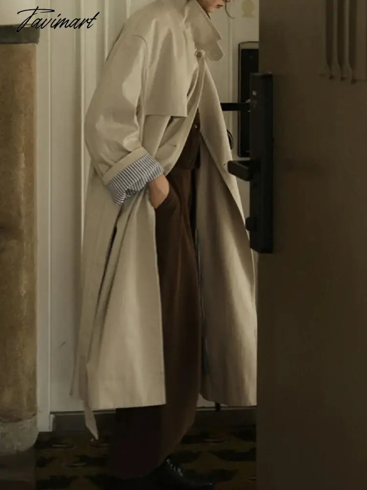 Tavimart Elegant Trench for Women Long Sleeve Fashion Vintage Jackets Button Casual Streetwear Loose New Autumn Winter Coats