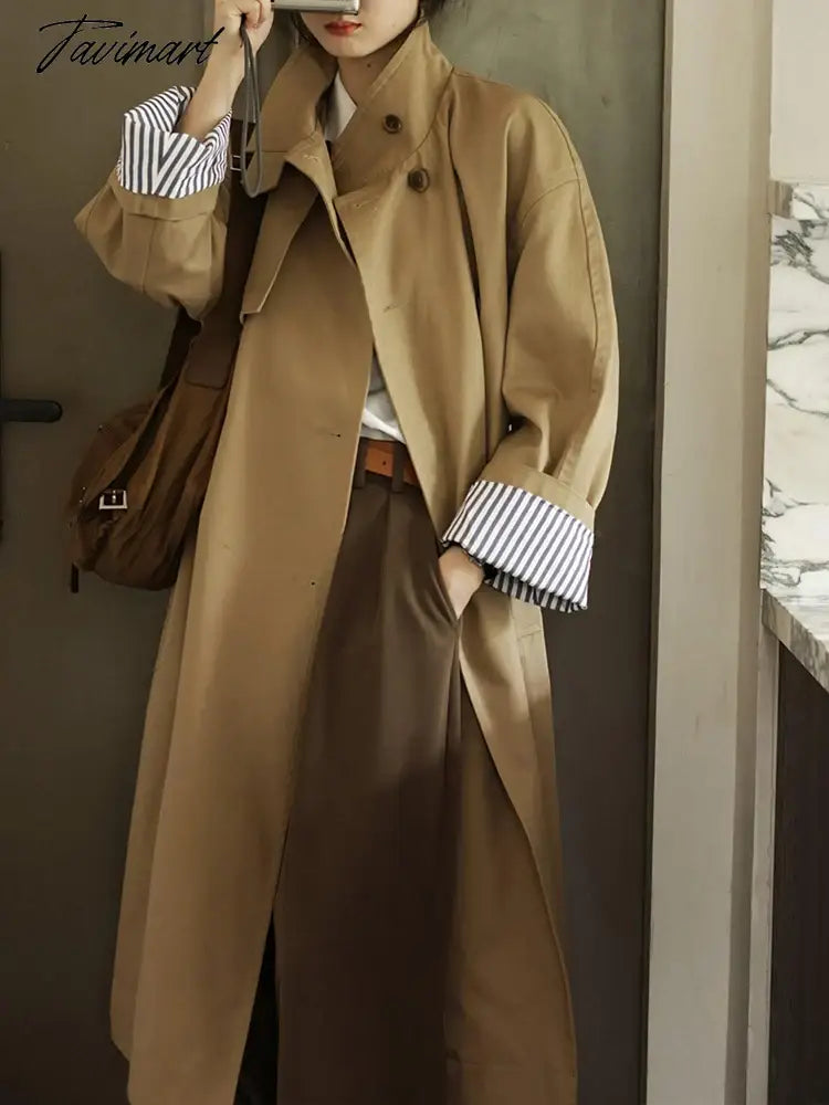 Tavimart Elegant Trench for Women Long Sleeve Fashion Vintage Jackets Button Casual Streetwear Loose New Autumn Winter Coats