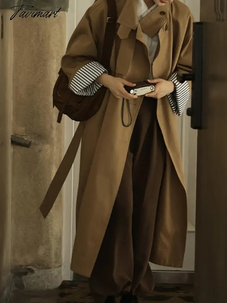 Tavimart Elegant Trench for Women Long Sleeve Fashion Vintage Jackets Button Casual Streetwear Loose New Autumn Winter Coats