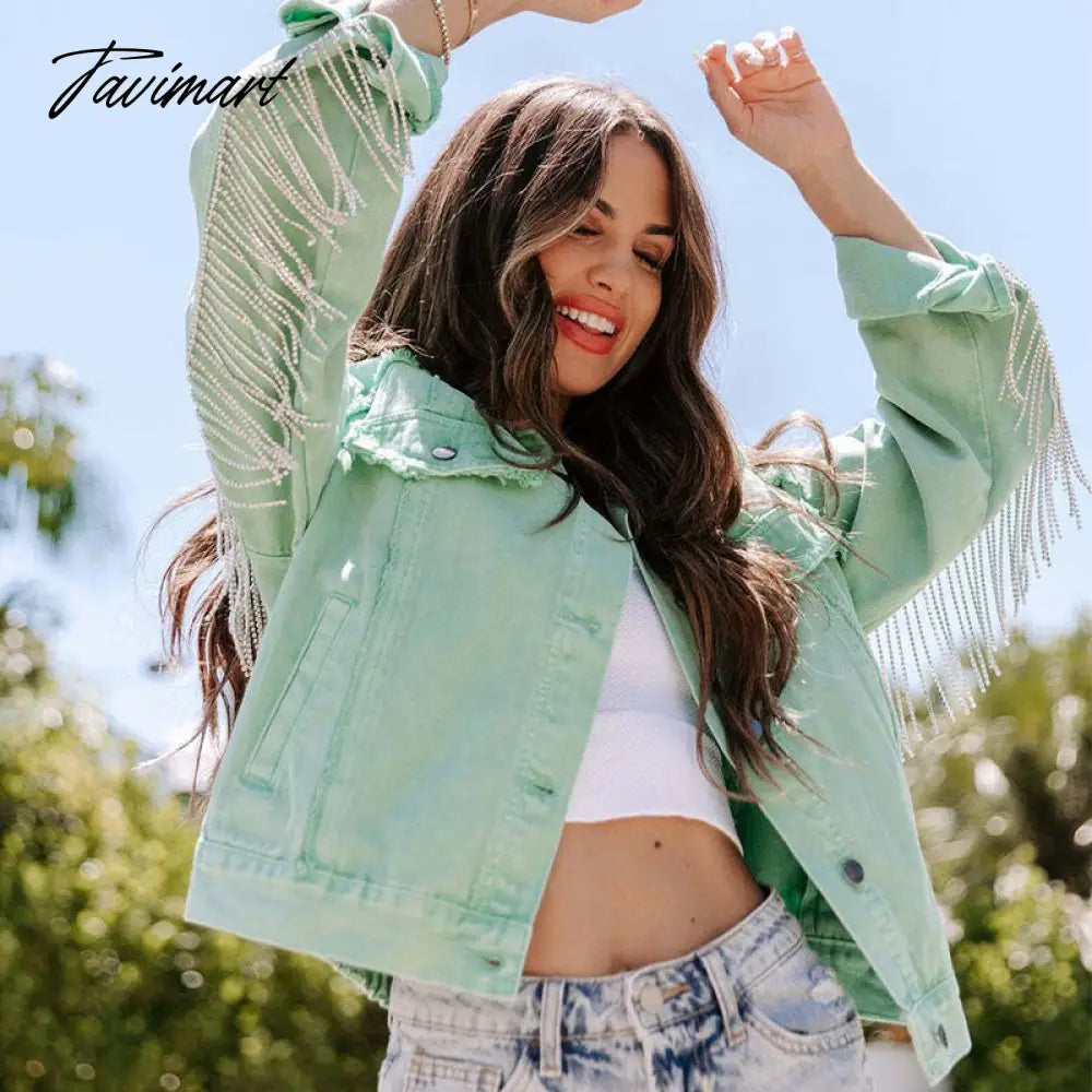 Tavimart Fashion Tassels Diamond Fringed Vintage Green Denim Jacket For Women Casual Streetwear Jean New In Outerwears Winter Coat Tops