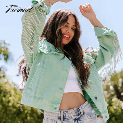 Tavimart Fashion Tassels Diamond Fringed Vintage Green Denim Jacket For Women Casual Streetwear Jean New In Outerwears Winter Coat Tops