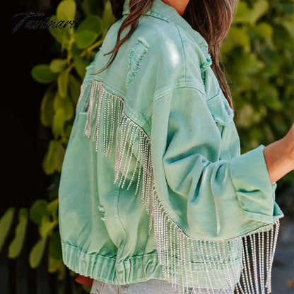 Tavimart Fashion Tassels Diamond Fringed Vintage Green Denim Jacket For Women Casual Streetwear Jean New In Outerwears Winter Coat Tops