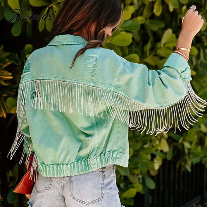 Tavimart Fashion Tassels Diamond Fringed Vintage Green Denim Jacket For Women Casual Streetwear