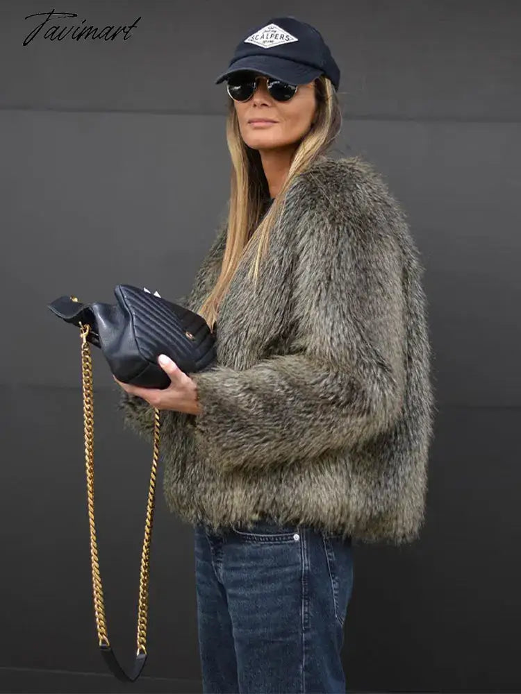 Tavimart Fashion Thicken Short Faux Fur Jacket For Women Chic V Neck Long Sleeved Plush Cardigan