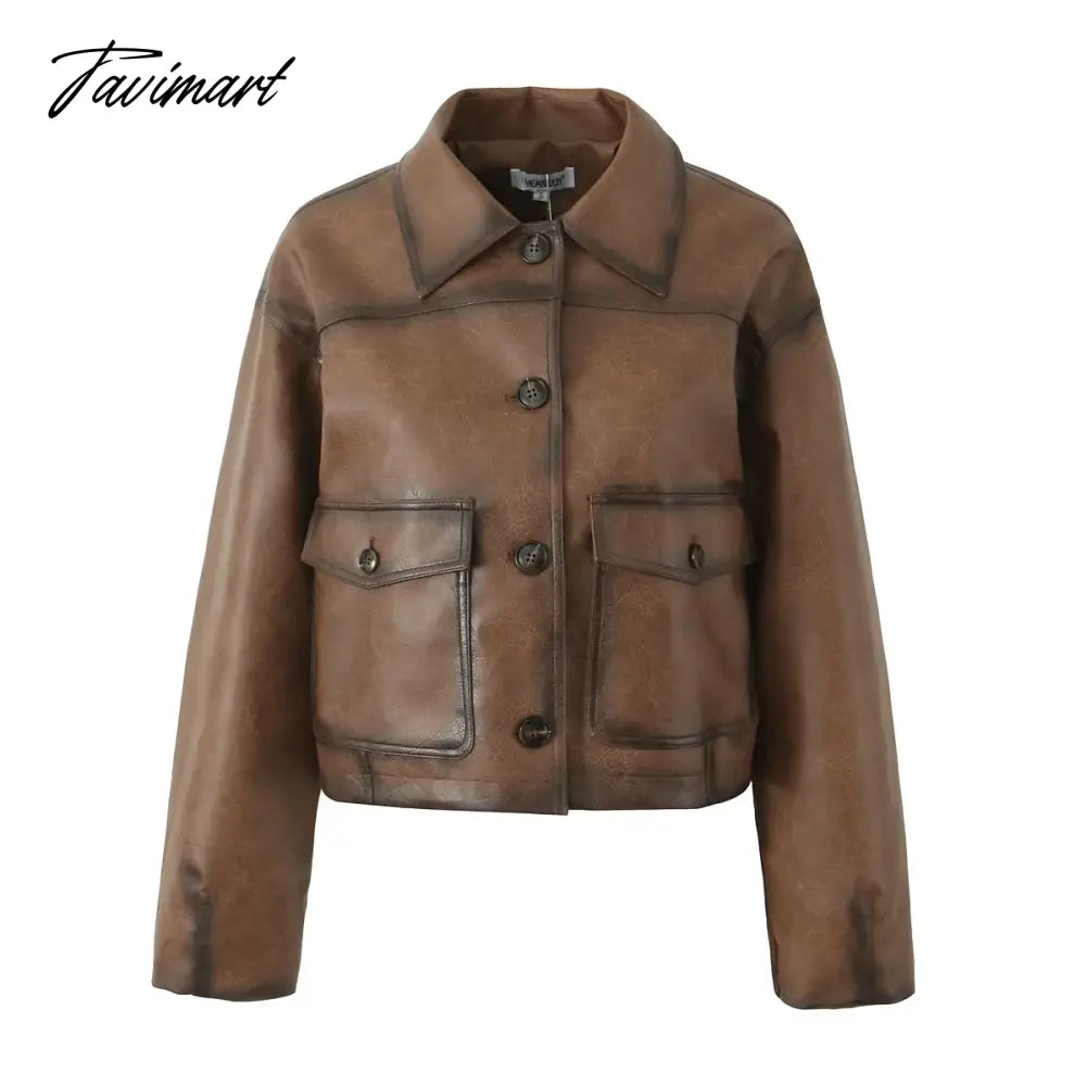 TAVIMART Faux leather jacket women Winter vintage clothes jacket women PU leather jackets y2k fashion brown jacket biker coats luxury