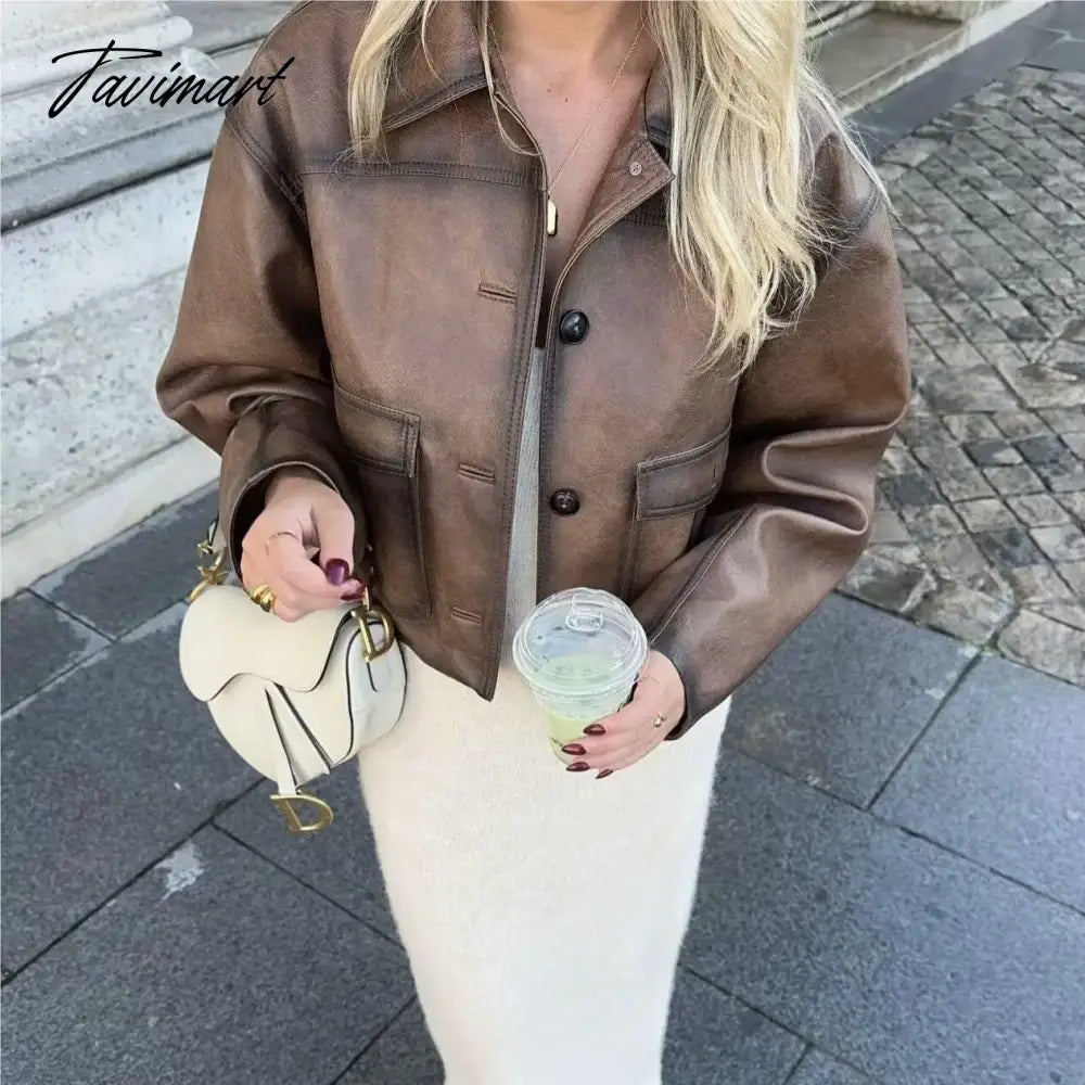 TAVIMART Faux leather jacket women Winter vintage clothes jacket women PU leather jackets y2k fashion brown jacket biker coats luxury