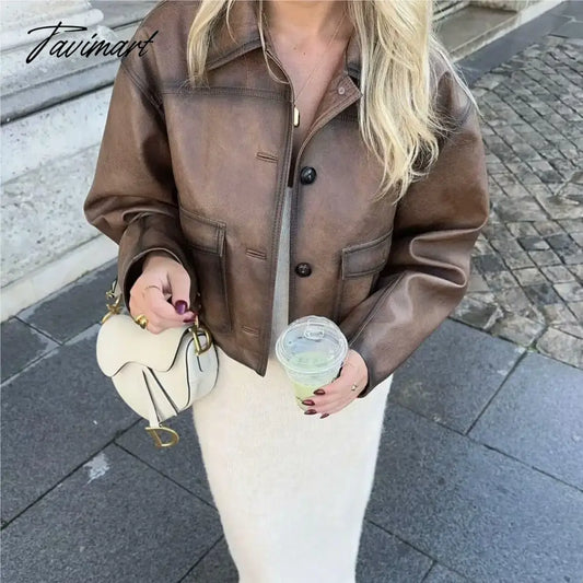 TAVIMART Faux leather jacket women Winter vintage clothes jacket women PU leather jackets y2k fashion brown jacket biker coats luxury