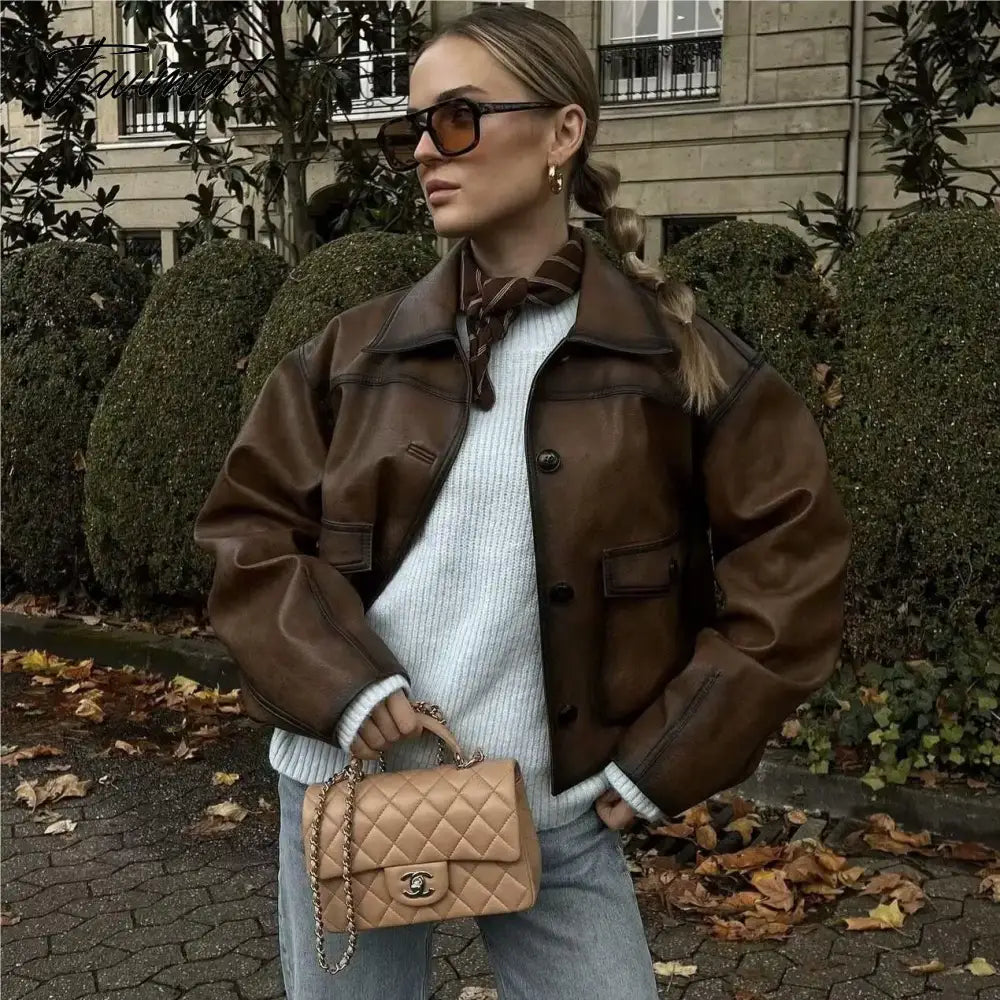 TAVIMART Faux leather jacket women Winter vintage clothes jacket women PU leather jackets y2k fashion brown jacket biker coats luxury