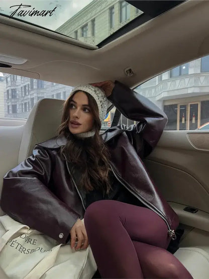 Faux PU Leather Rider Jacket For Women Vintage Long Sleeve Lapel Zipper Puffy Coats Autumn Fashion Female Street Outerwear