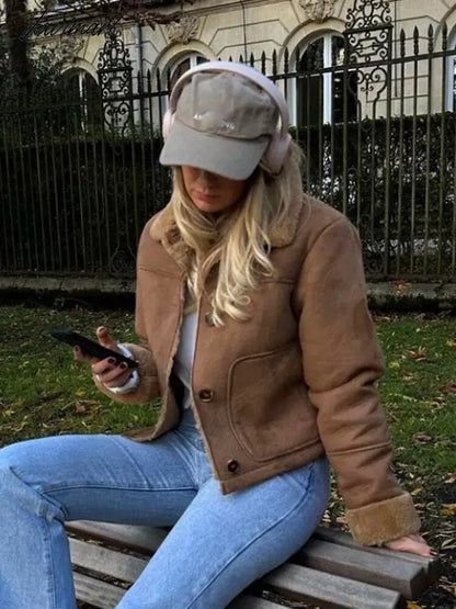 Tavimart Faux Suede Jacket Coat Female Turn Down Collar With Pocket Button-up Warm Winter Jackets For Women Vintage Fashion Women's Coats