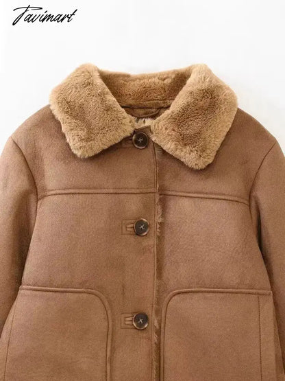 Tavimart Faux Suede Jacket Coat Female Turn Down Collar With Pocket Button-up Warm Winter Jackets For Women Vintage Fashion Women's Coats